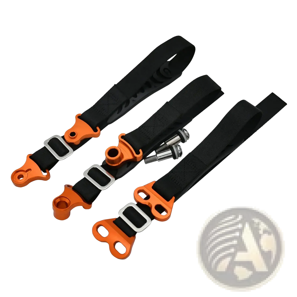 Set of three black webbing dirt bike tow straps with orange aluminum buckles and silver metal hardware for recovery