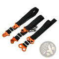 Set of three black webbing dirt bike tow straps with orange aluminum buckles and silver metal hardware for recovery