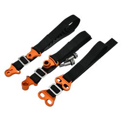 Set of three black webbing dirt bike tow straps with orange aluminum buckles and silver metal hardware for recovery