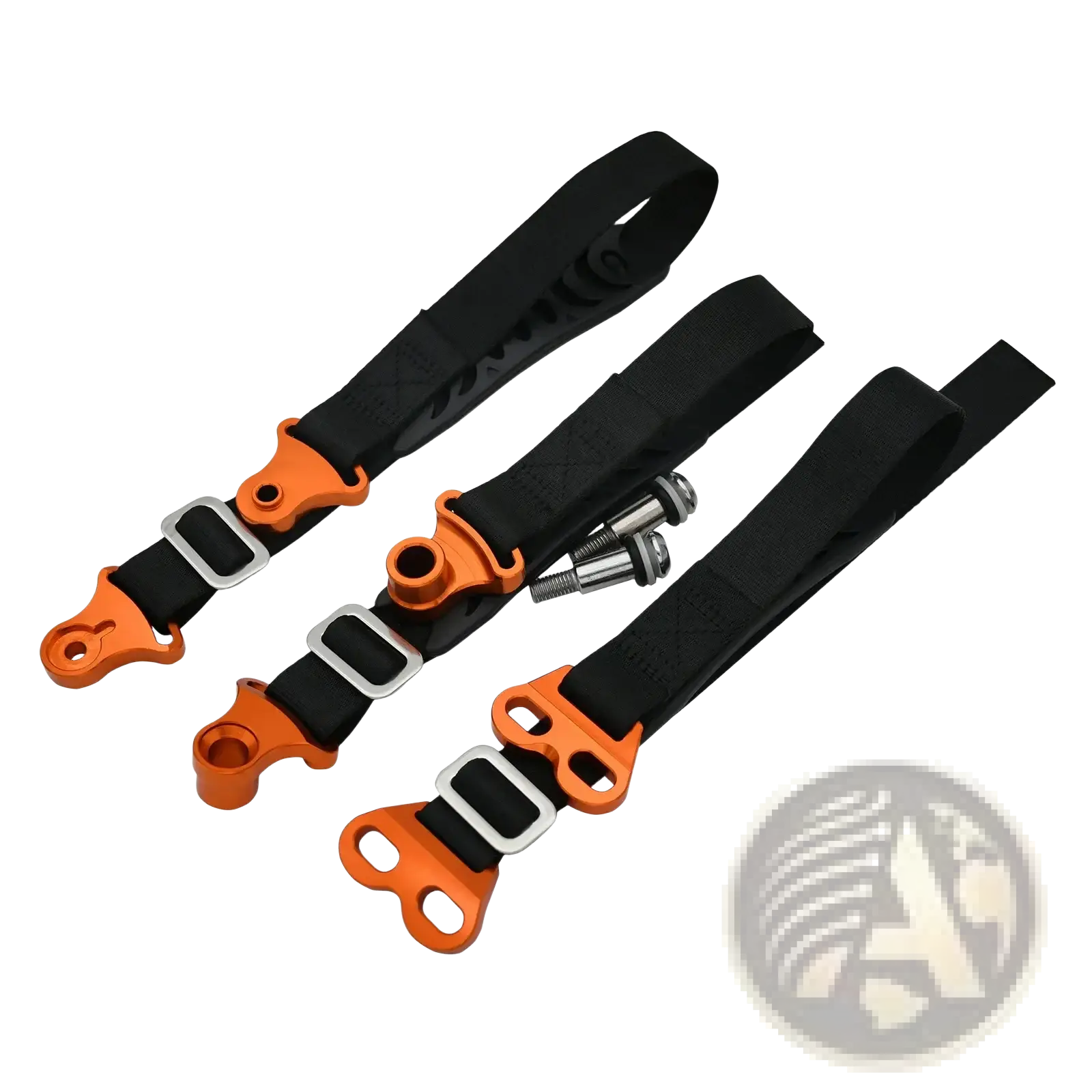 Set of three black webbing dirt bike tow straps with orange aluminum buckles and silver metal hardware for recovery