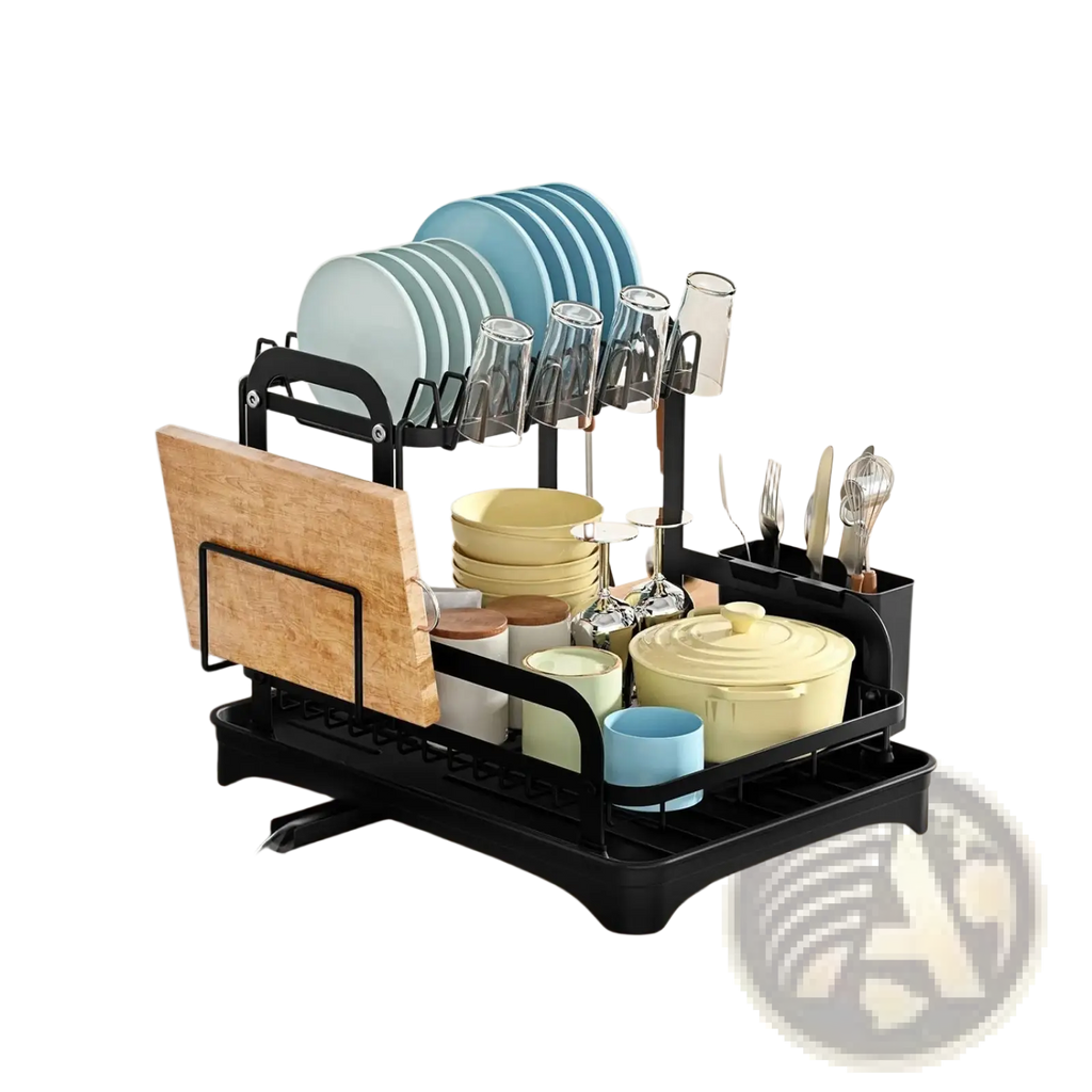 Black metal dish drying rack with wooden cutting board holder and multiple compartments for dishes glasses and utensils