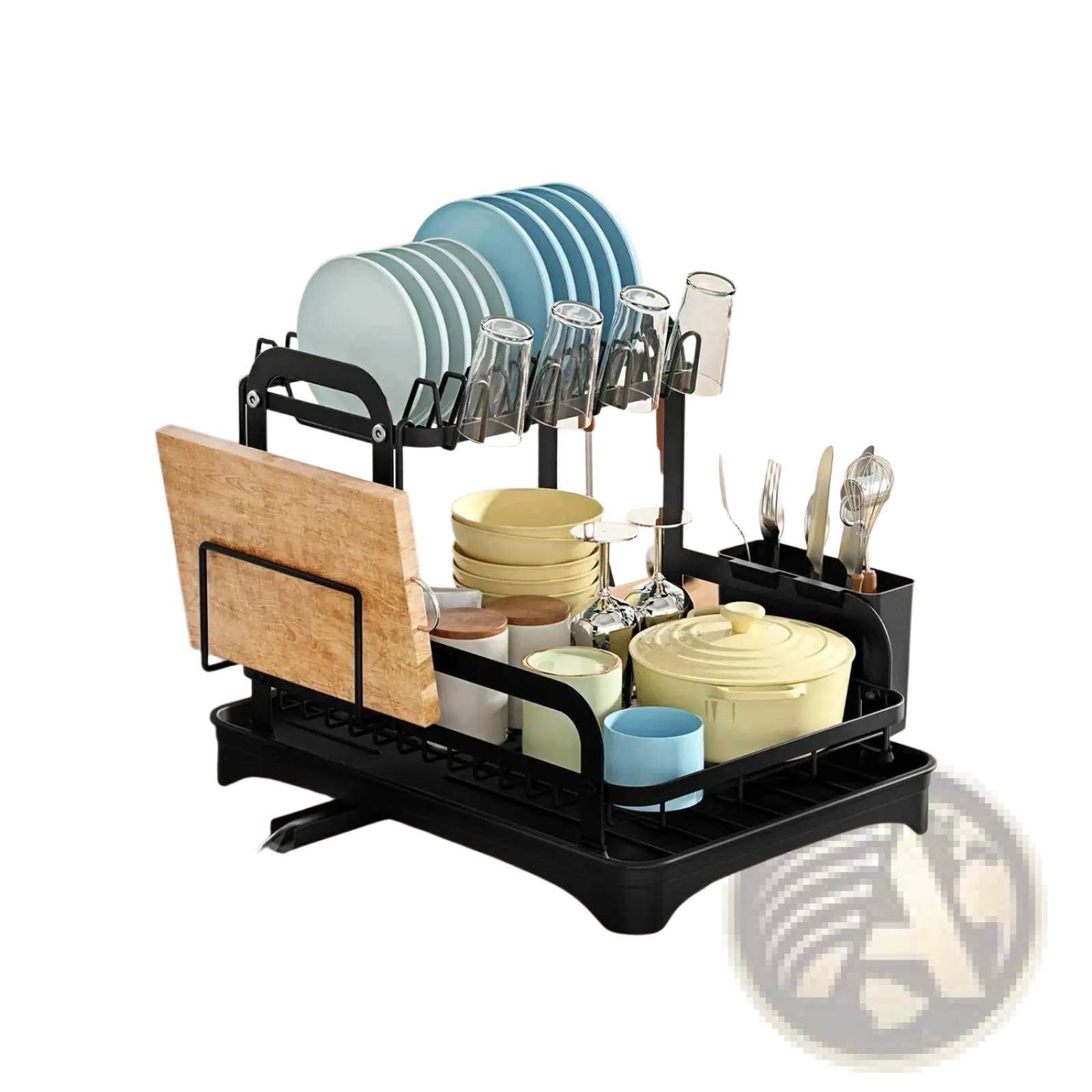 Black metal dish drying rack with wooden cutting board holder and multiple compartments for dishes glasses and utensils