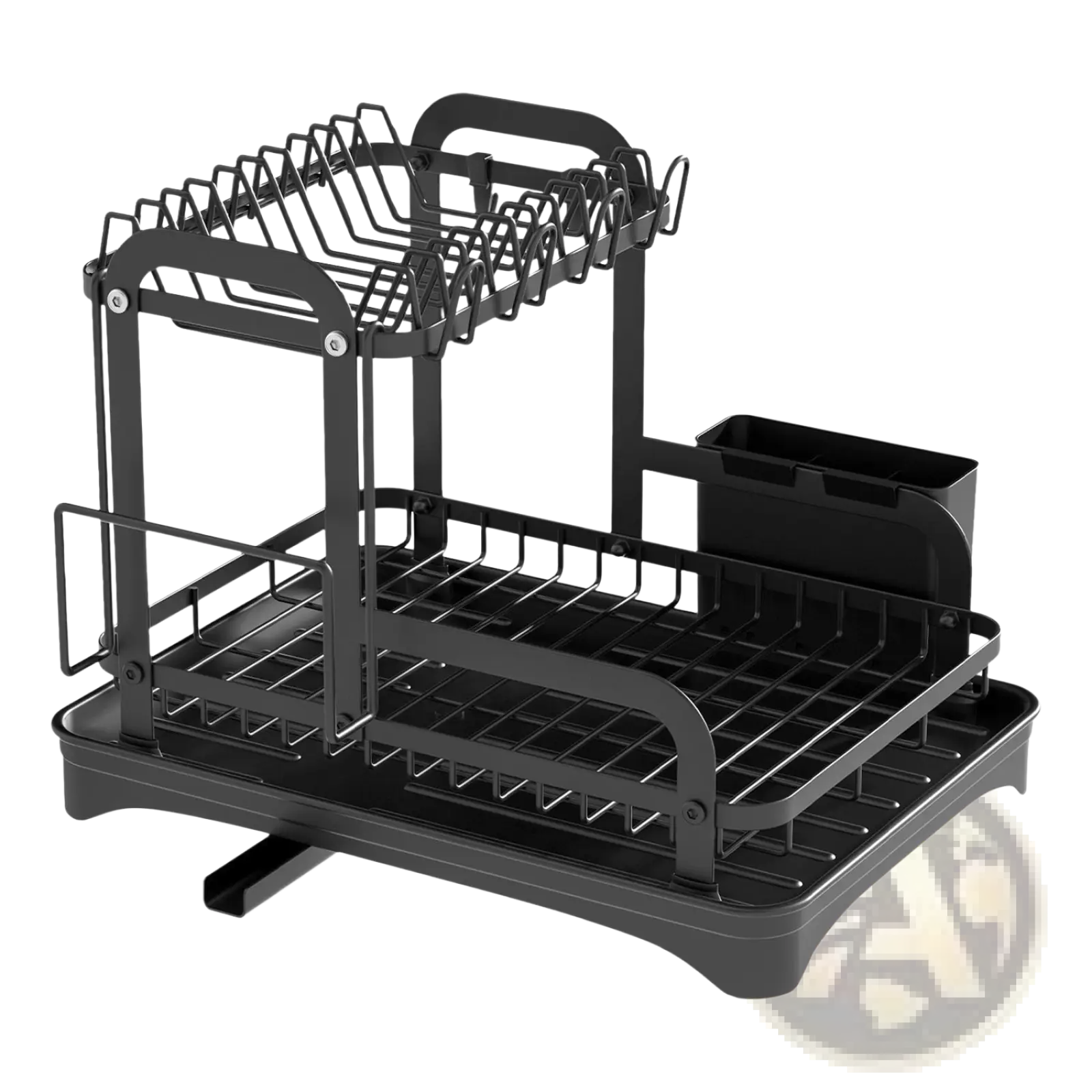 Black two-tier rustproof metal dish drying rack with built-in utensil holder for kitchen organization