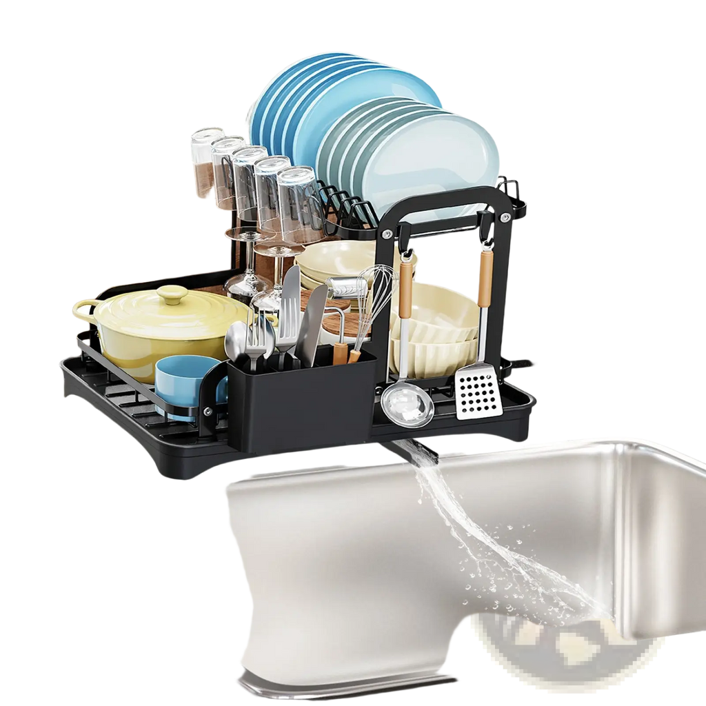 Black metal dish drying rack 2 tier rustproof metal organizer with multiple compartments holding plates glasses utensils