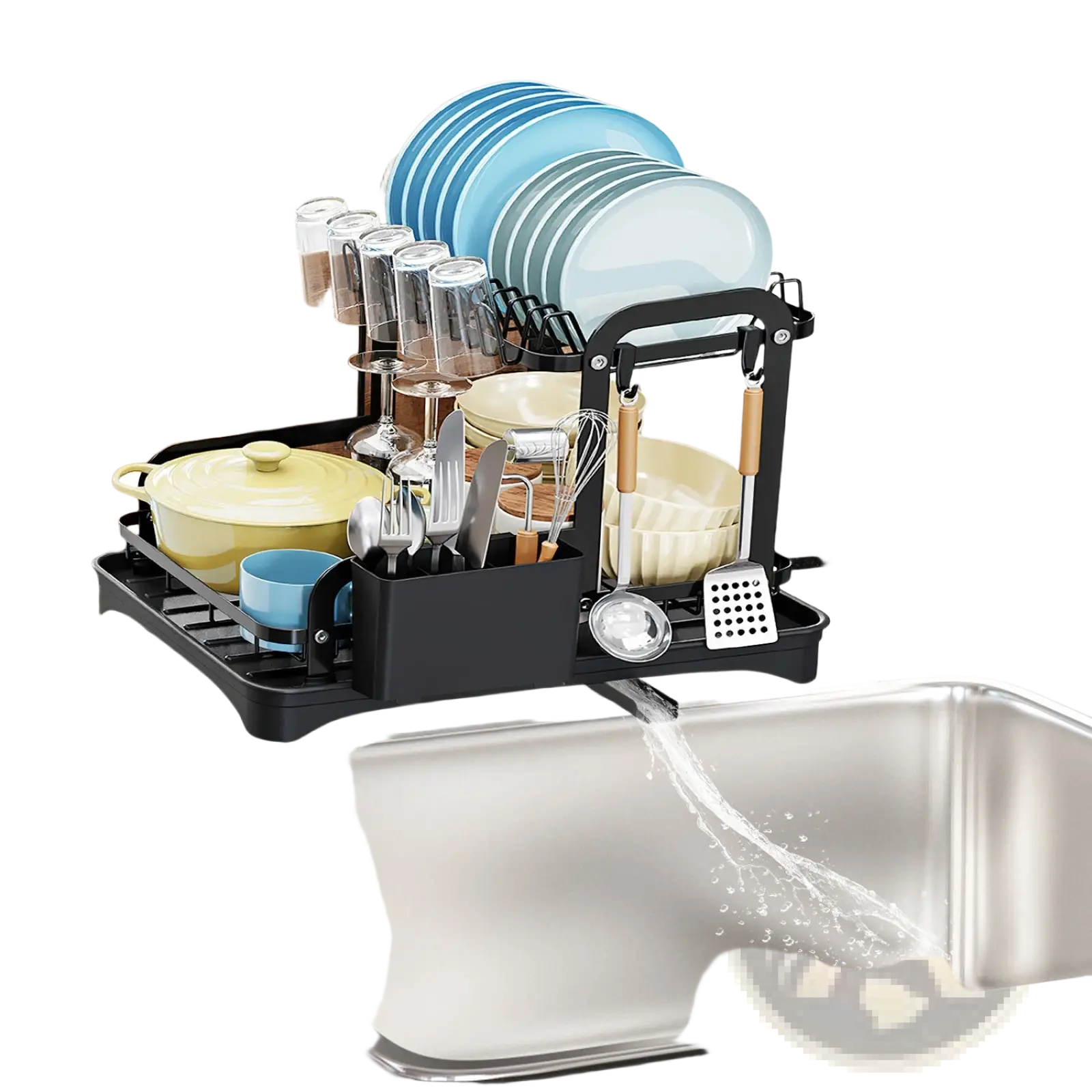 Black metal dish drying rack 2 tier rustproof metal organizer with multiple compartments holding plates glasses utensils