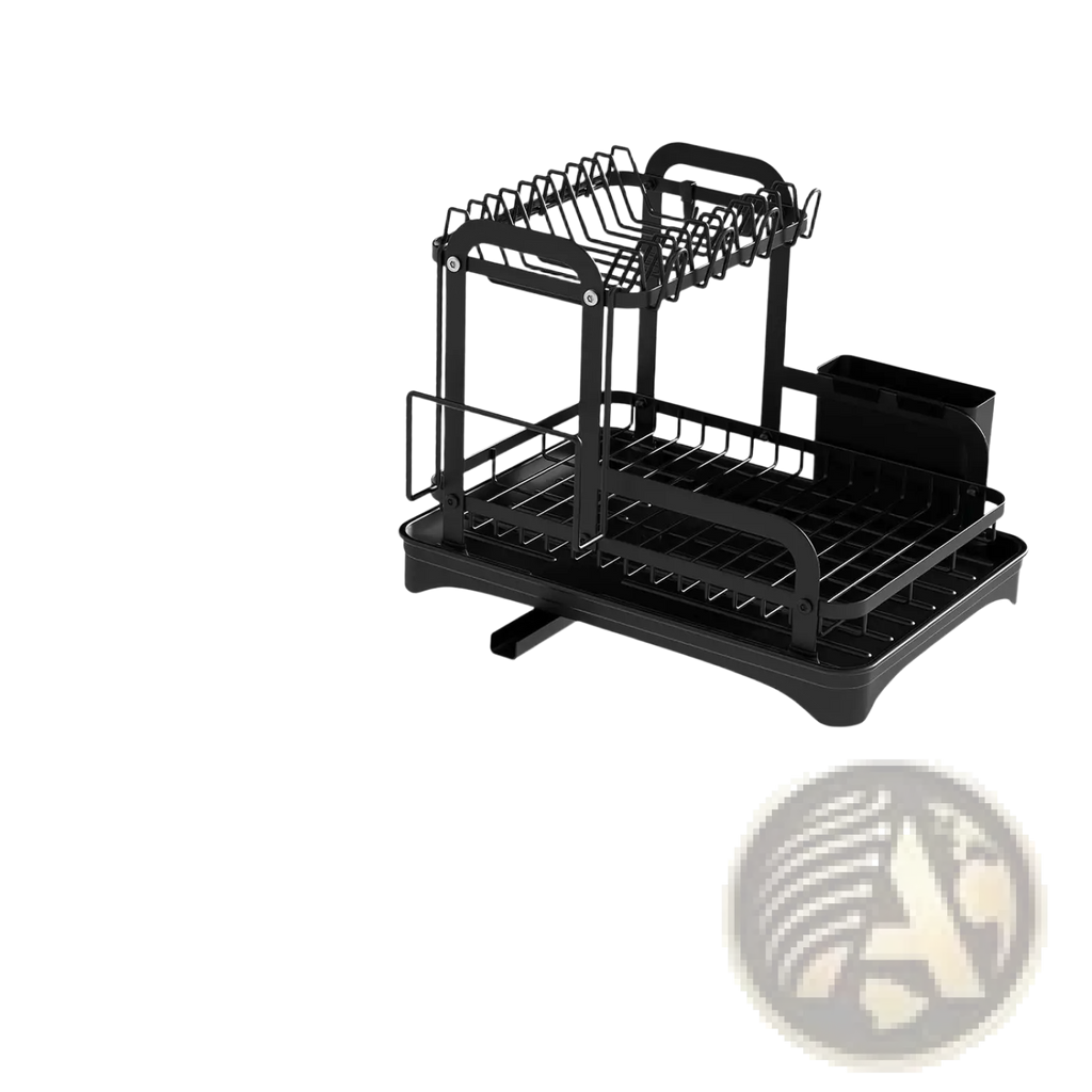 Black two-tiered rustproof metal dish drying rack with wire mesh shelves and integrated utensil holder