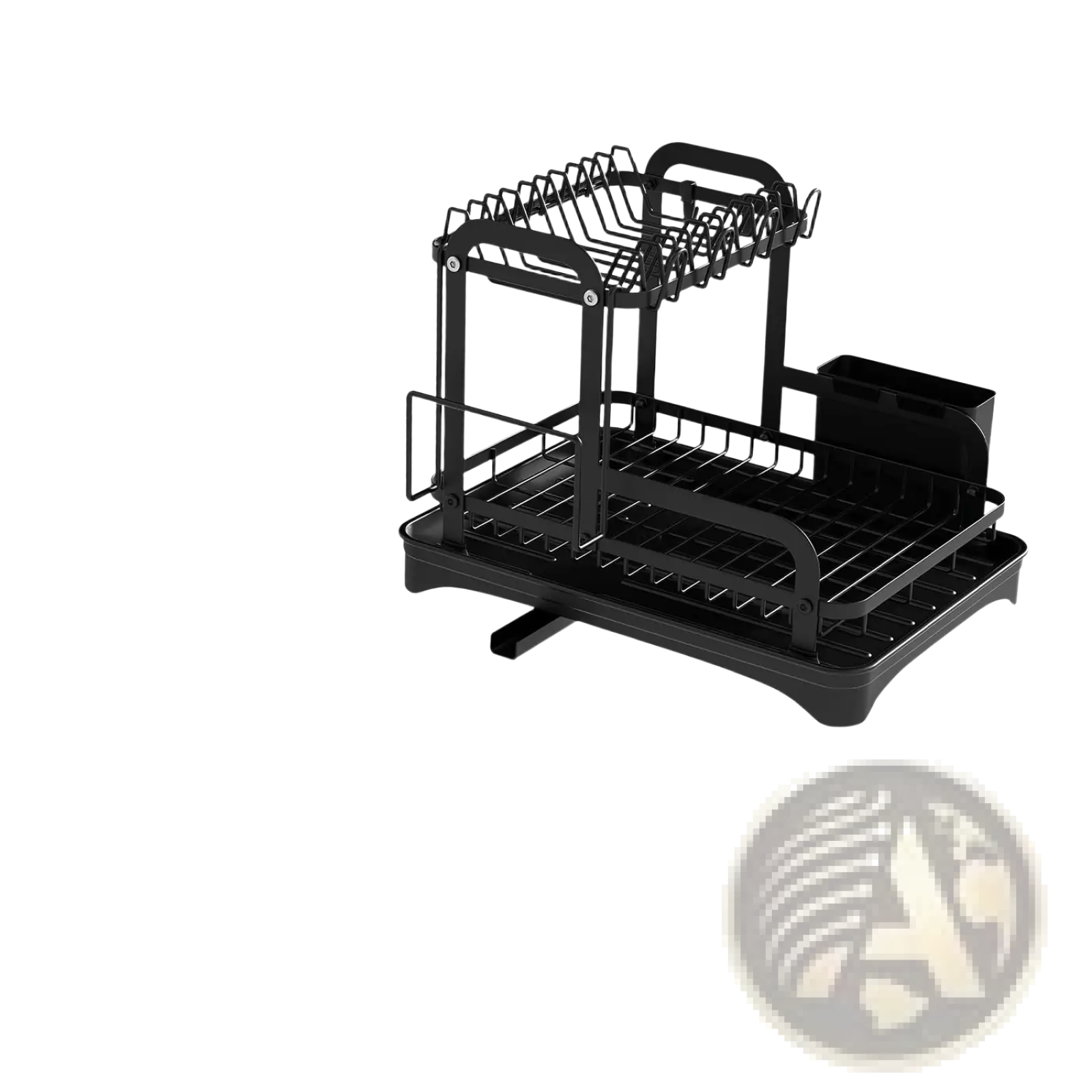 Black two-tiered rustproof metal dish drying rack with wire mesh shelves and integrated utensil holder