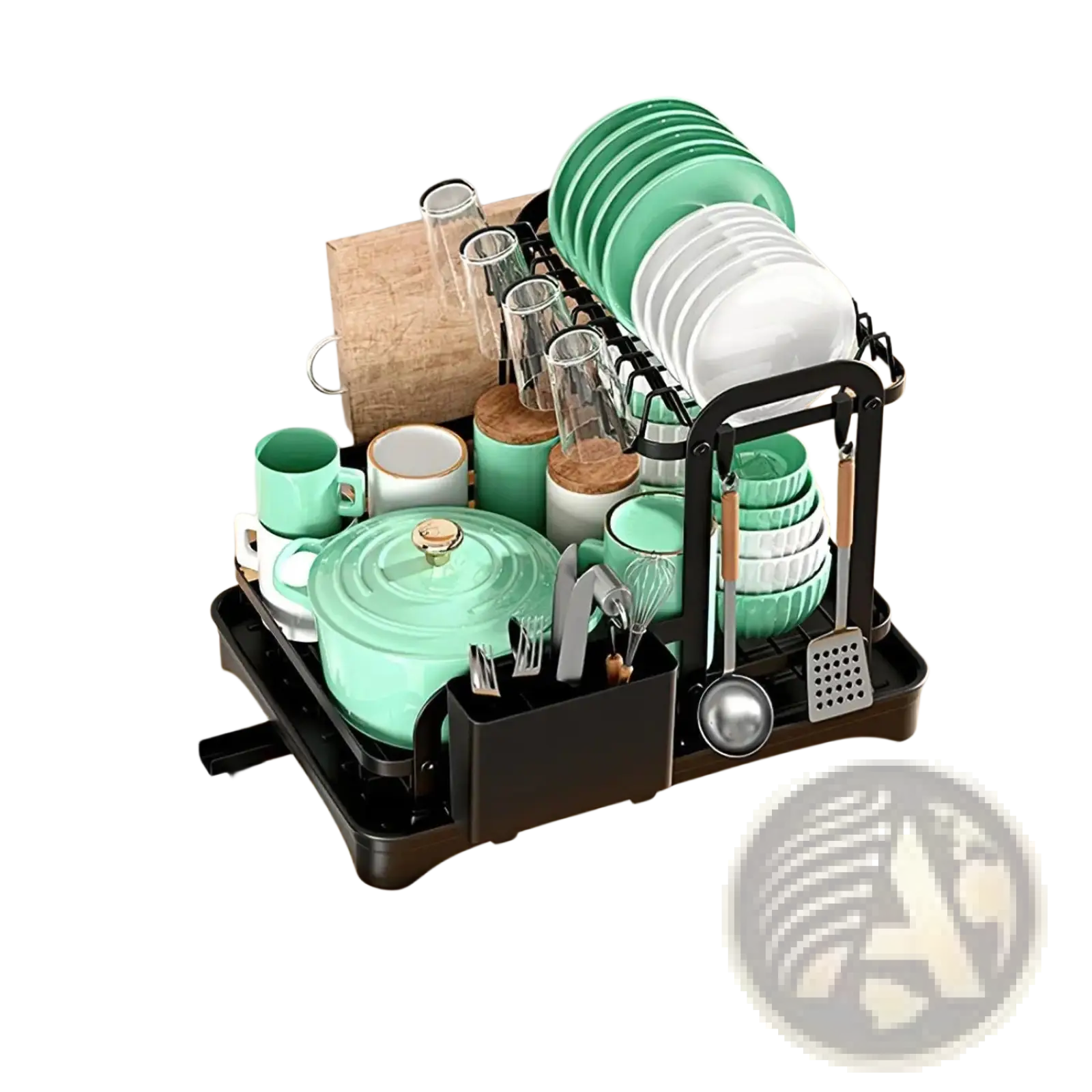Black two-tier rustproof metal dish drying rack with integrated utensil holder and drip tray organizer for kitchen use