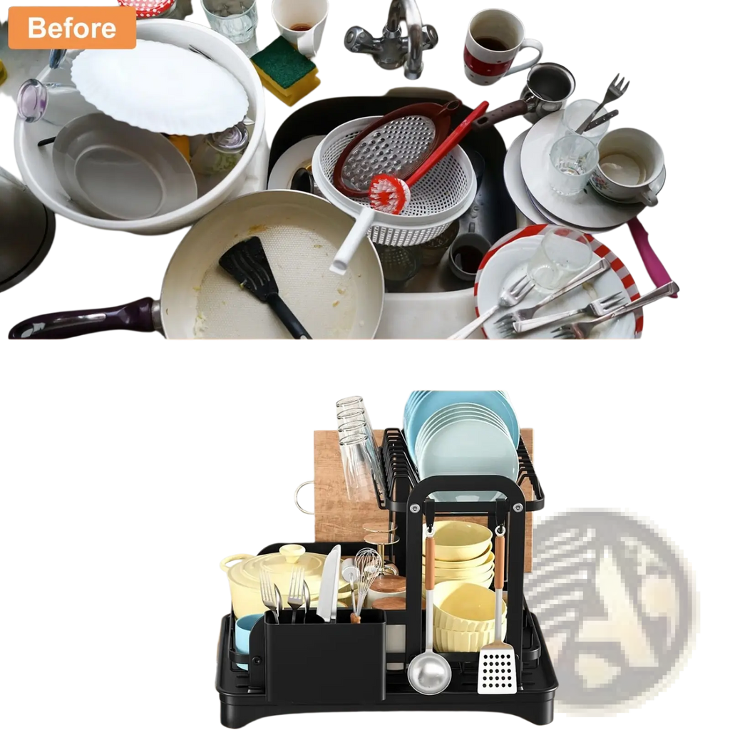 Black multi-tiered rustproof metal dish drying rack with compartments for plates bowls glasses and utensils