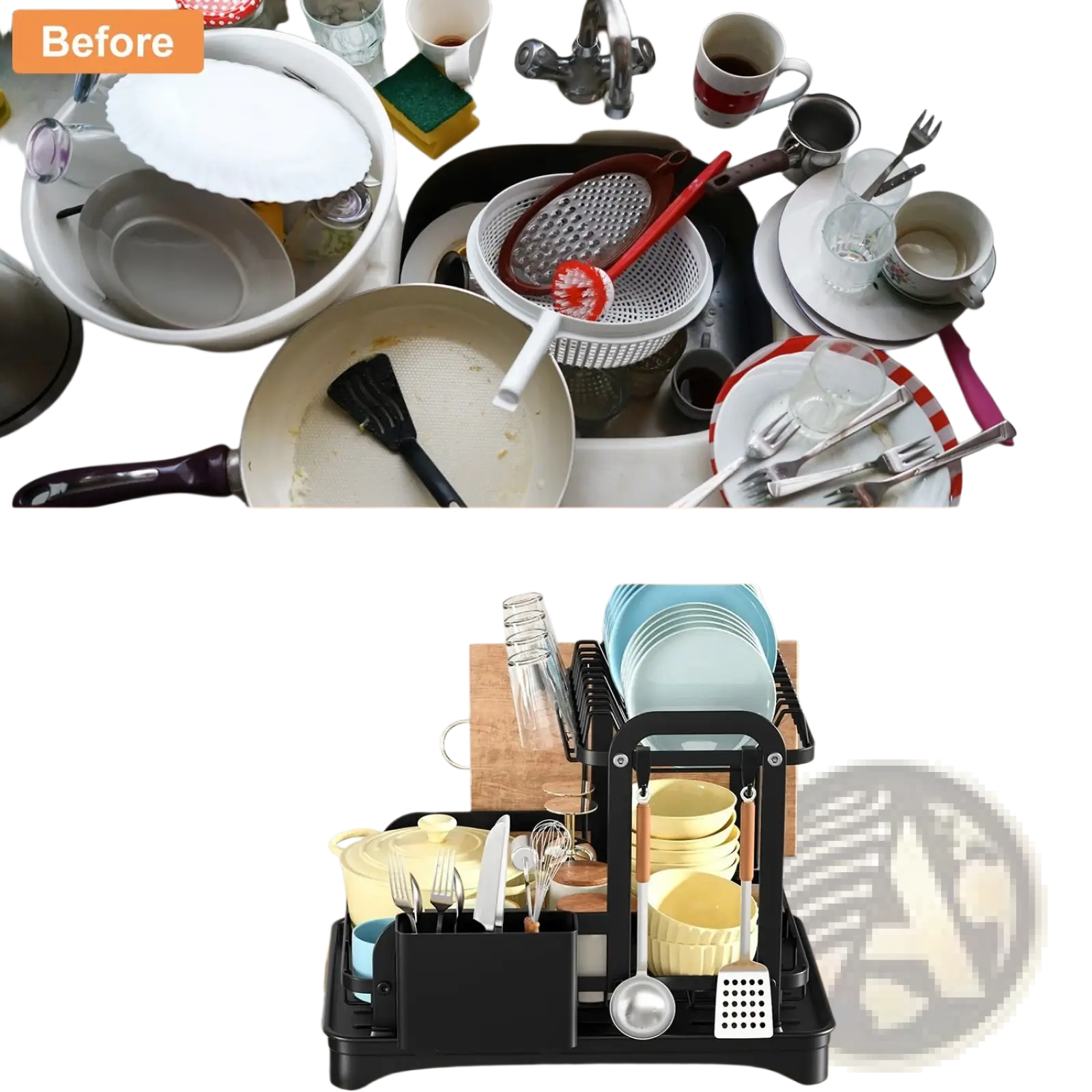 Black multi-tiered rustproof metal dish drying rack with compartments for plates bowls glasses and utensils