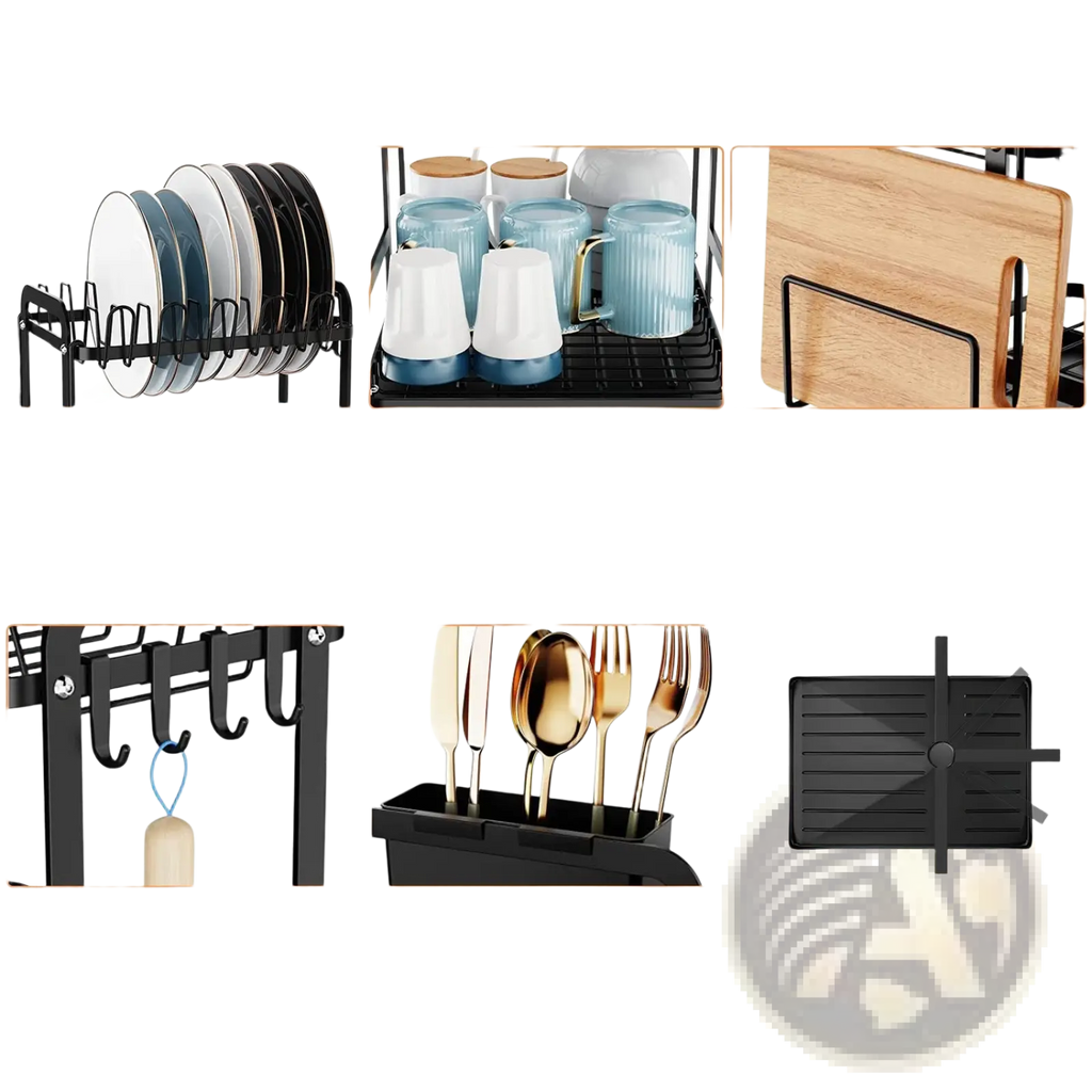 Black metal dish drying rack 2 tier rustproof organizer with dish, bowl, cup racks, chopping board rack, 4 hooks, utensil holder, drainage tray