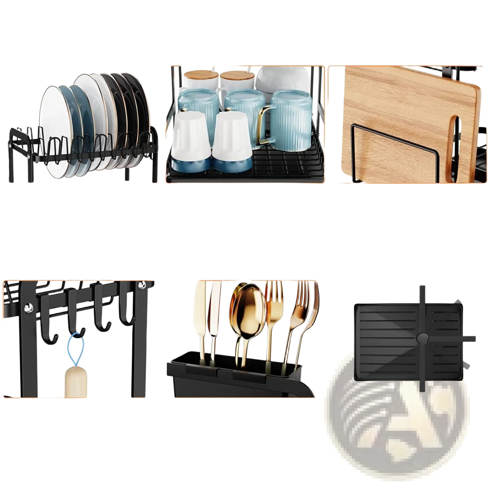 Black metal dish drying rack 2 tier rustproof organizer with dish, bowl, cup racks, chopping board rack, 4 hooks, utensil holder, drainage tray