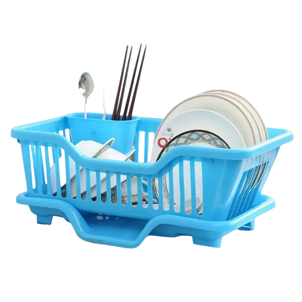 Bright blue plastic dish drying rack with drain board countertop organizer featuring vertical slats and multiple compartments