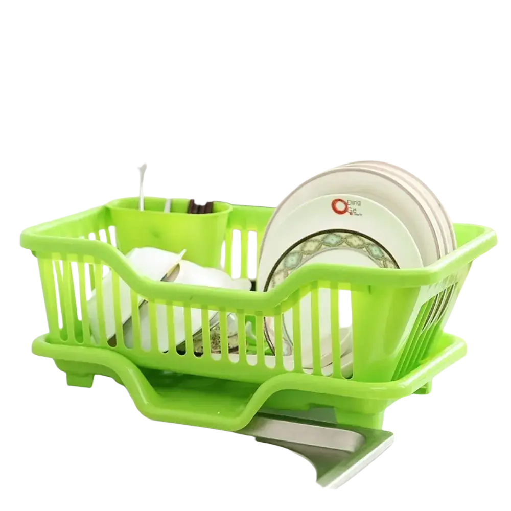 Bright green plastic dish drying rack with multiple compartments and drain board countertop organizer