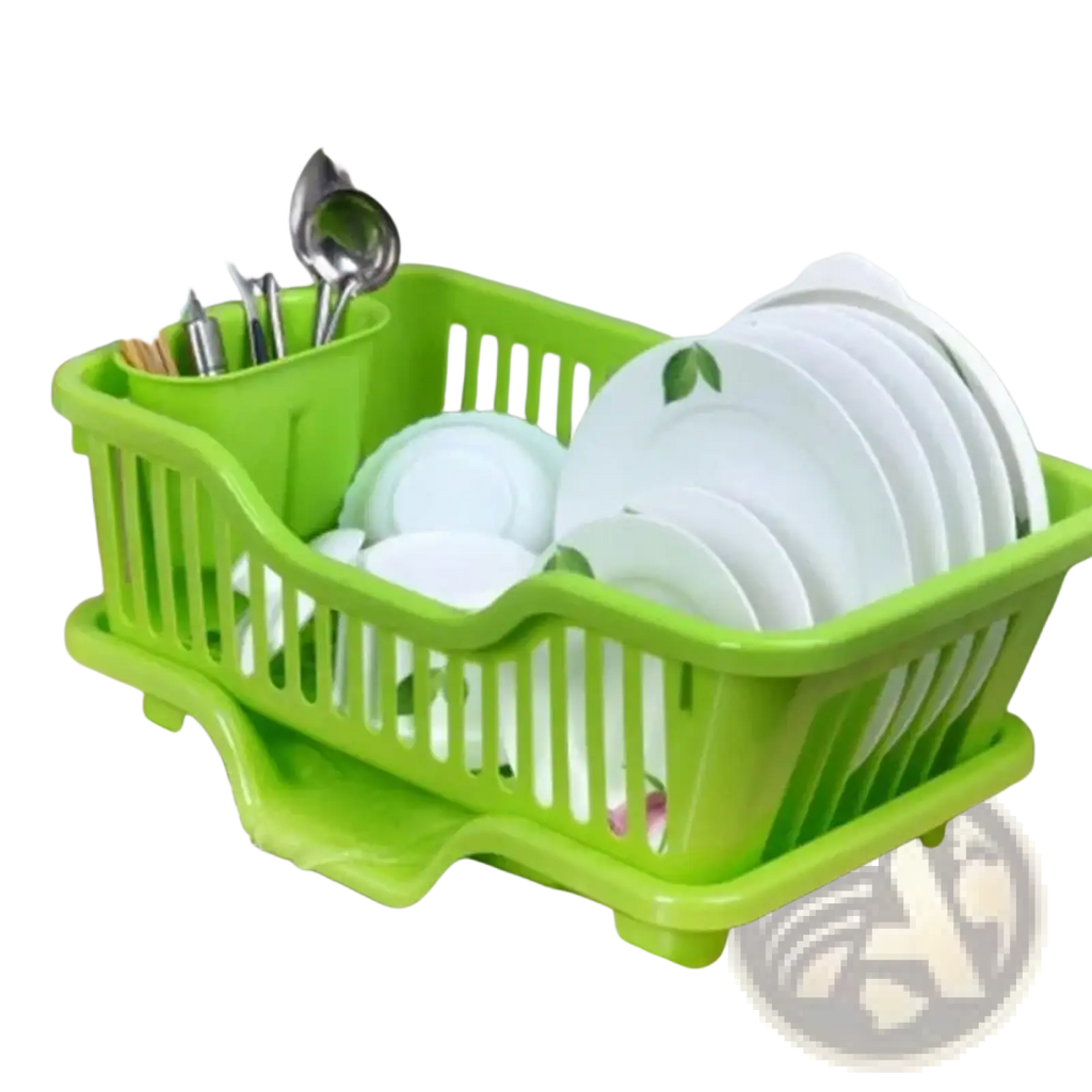 Bright green plastic dish drying rack with vertical slats and drain board holding white plates and silverware