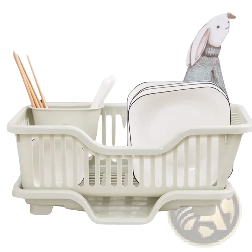 Cream-colored plastic dish drying rack with drain board countertop organizer and divided compartments for utensils