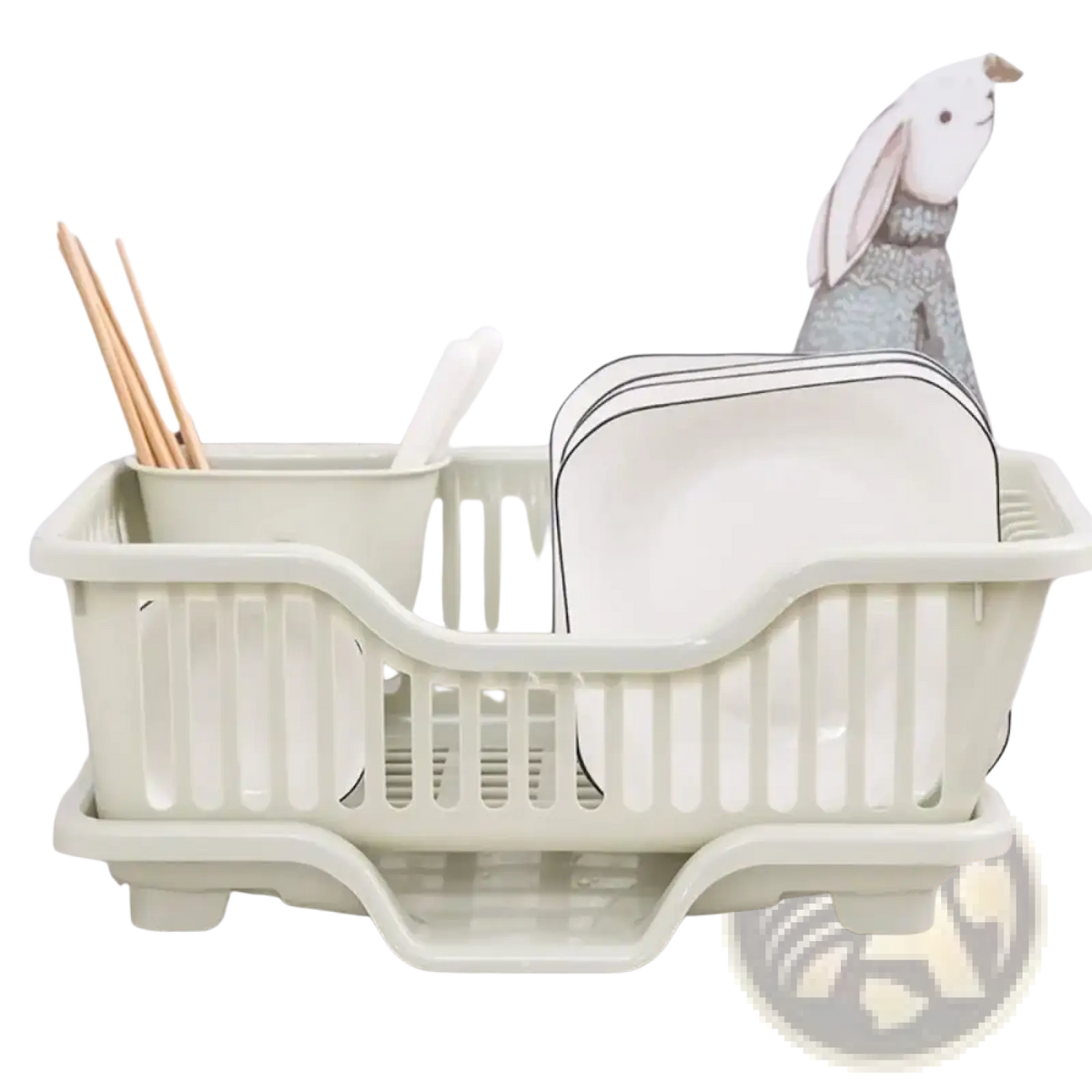 Cream-colored plastic dish drying rack with drain board countertop organizer and divided compartments for utensils