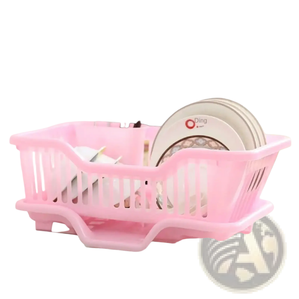 Pink plastic dish drying rack with slatted design and integrated legs for countertop organizer with drain board