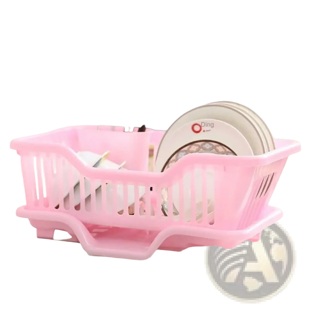 Pink plastic dish drying rack with slatted design and integrated legs for countertop organizer with drain board