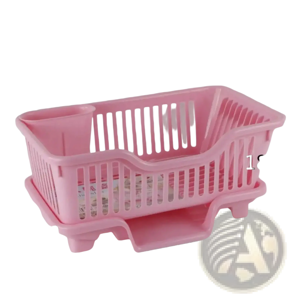 Pink plastic dish drying rack with vertical slats and built-in cup holder for countertop organization with drain board