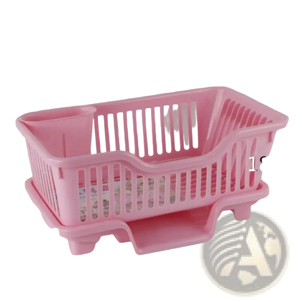 Pink plastic dish drying rack with vertical slats and built-in cup holder for countertop organization with drain board