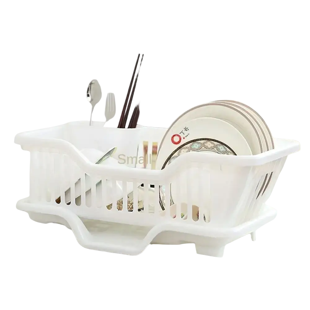White plastic dish drying rack with slotted design and integrated handles for countertop organizer use