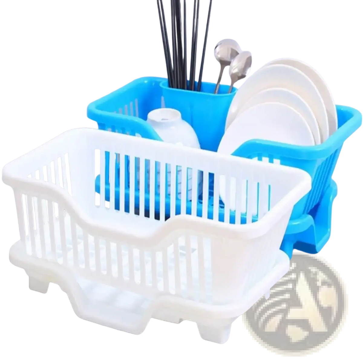 White plastic dish drying rack with vertical slats and raised back edge for countertop organization and drainage