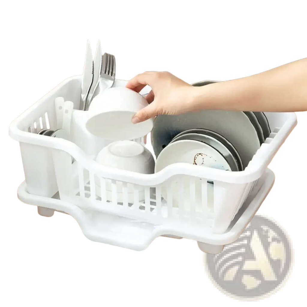 White plastic dish drying rack with drain board and compartments for plates bowls and cutlery countertop organizer