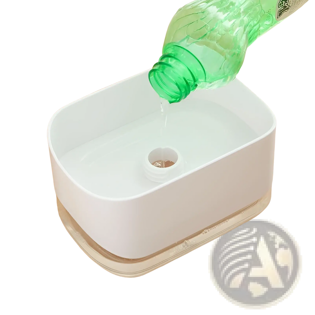 White plastic dish soap dispenser with clear base and central water inlet featuring integrated sponge holder 350ml capacity