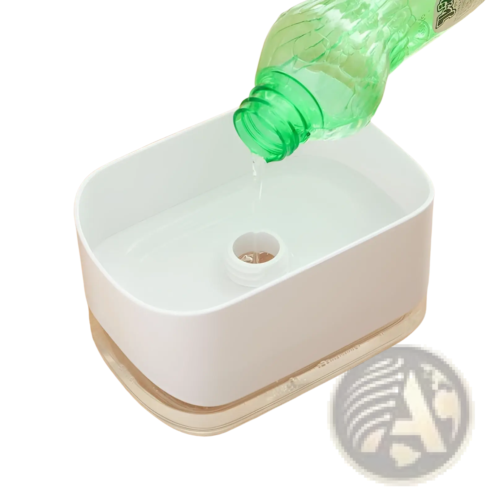 White plastic dish soap dispenser with clear base and central water inlet featuring integrated sponge holder 350ml capacity