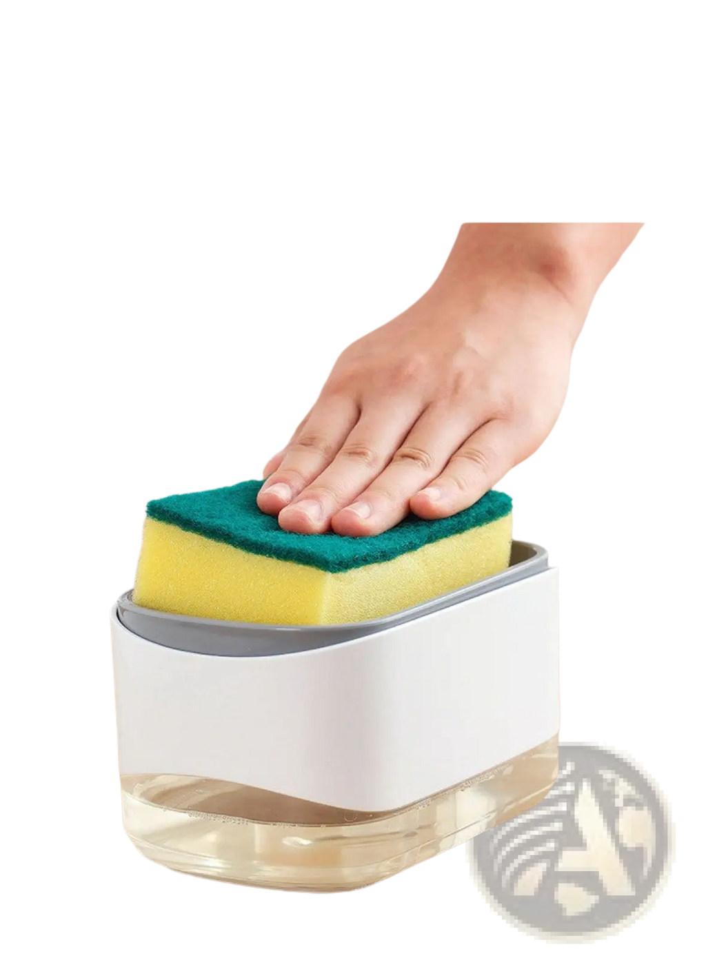 White and gray plastic dish soap dispenser with integrated sponge holder holding yellow and green scrubbing sponge 350ml