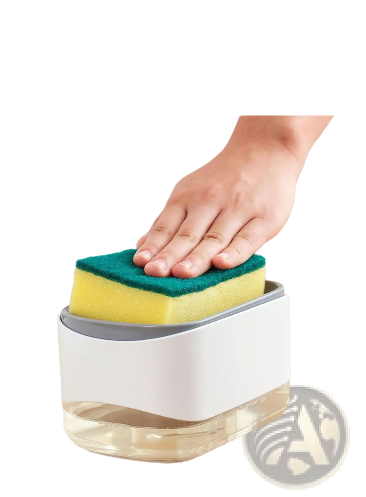 White and gray plastic dish soap dispenser with integrated sponge holder holding yellow and green scrubbing sponge 350ml