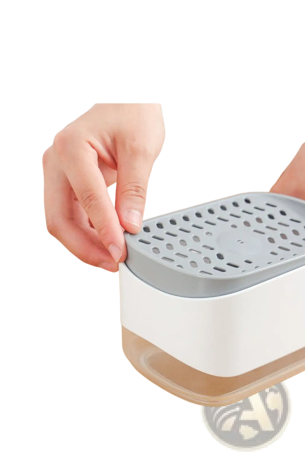 Gray and white plastic dish soap dispenser with perforated lid and sponge holder 350ml for kitchen use