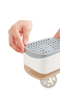 Gray and white plastic dish soap dispenser with perforated lid and sponge holder 350ml for kitchen use