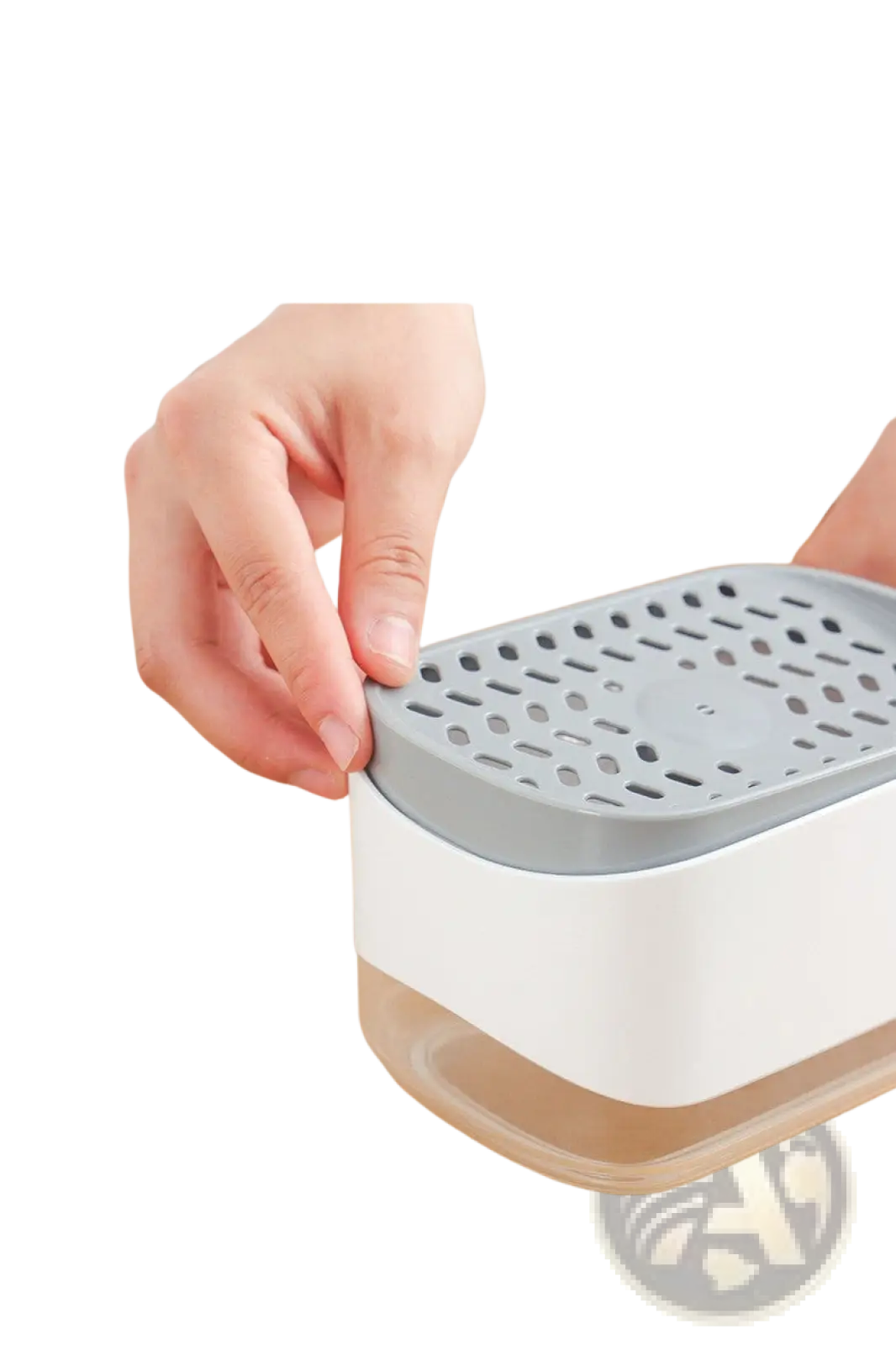 Gray and white plastic dish soap dispenser with perforated lid and sponge holder 350ml for kitchen use