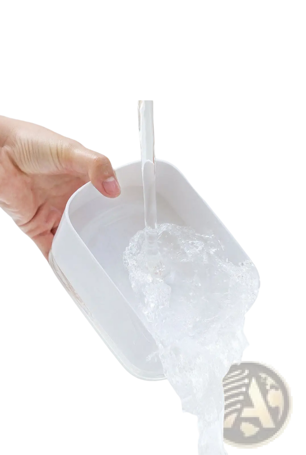 White plastic ice scoop pouring water over ice cubes shown with 350ml dish soap dispenser with sponge holder