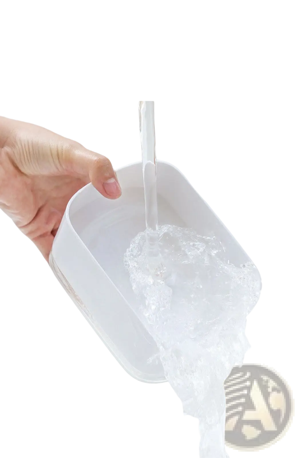 White plastic ice scoop pouring water over ice cubes shown with 350ml dish soap dispenser with sponge holder