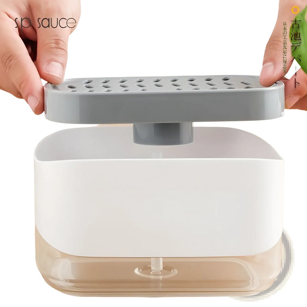 Gray and white plastic dish soap dispenser with perforated top lid and sponge holder 350ml for kitchen use