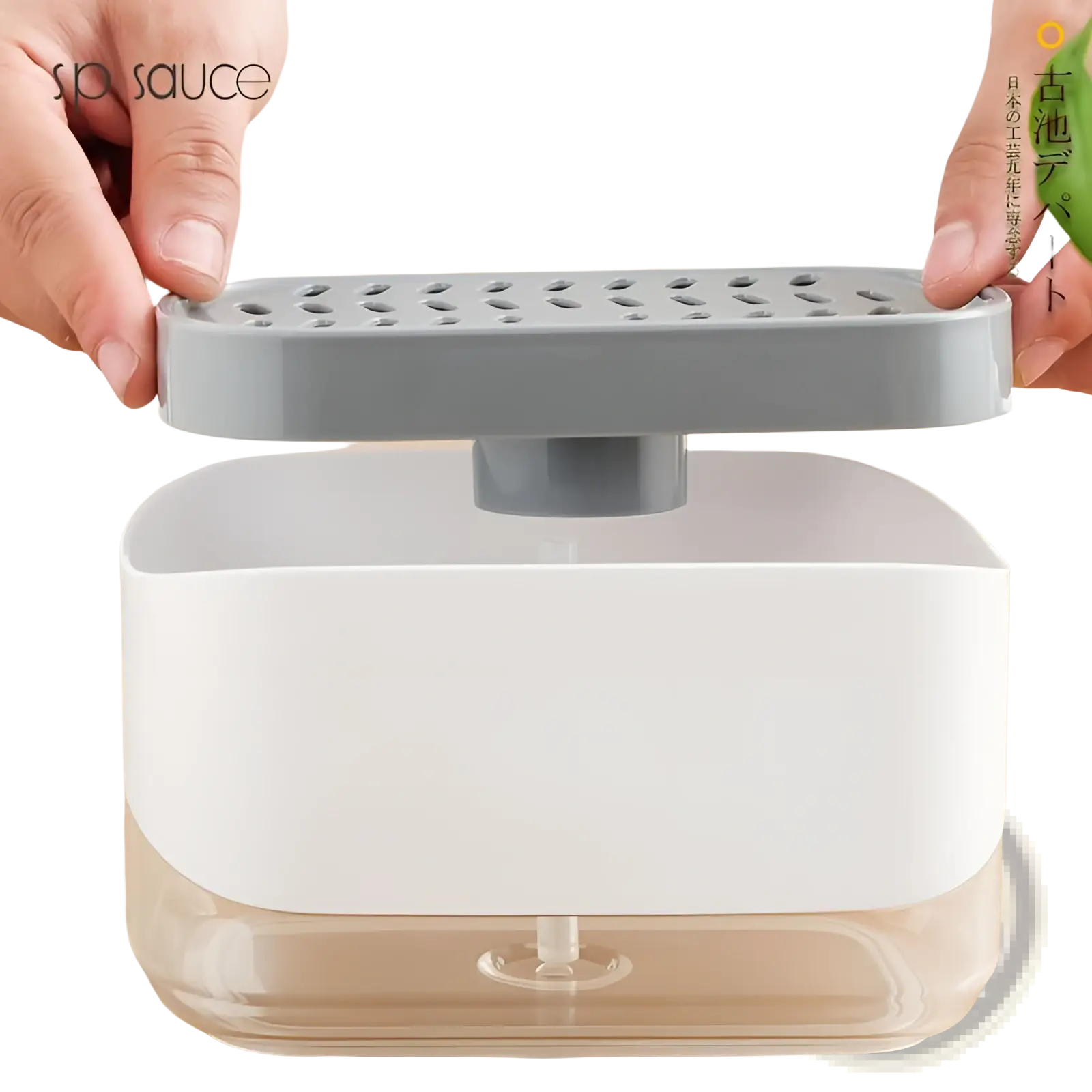 Gray and white plastic dish soap dispenser with perforated top lid and sponge holder 350ml for kitchen use