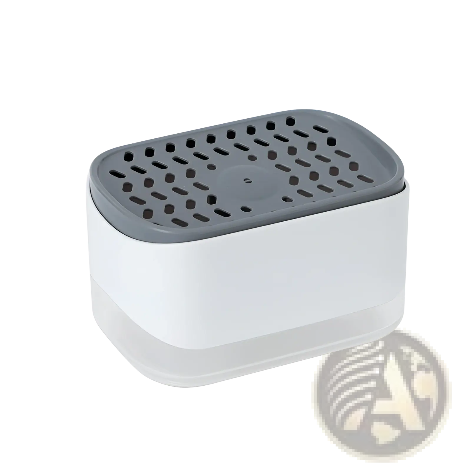 White and gray plastic dish soap dispenser with sponge holder 350ml featuring a perforated lid soap dish