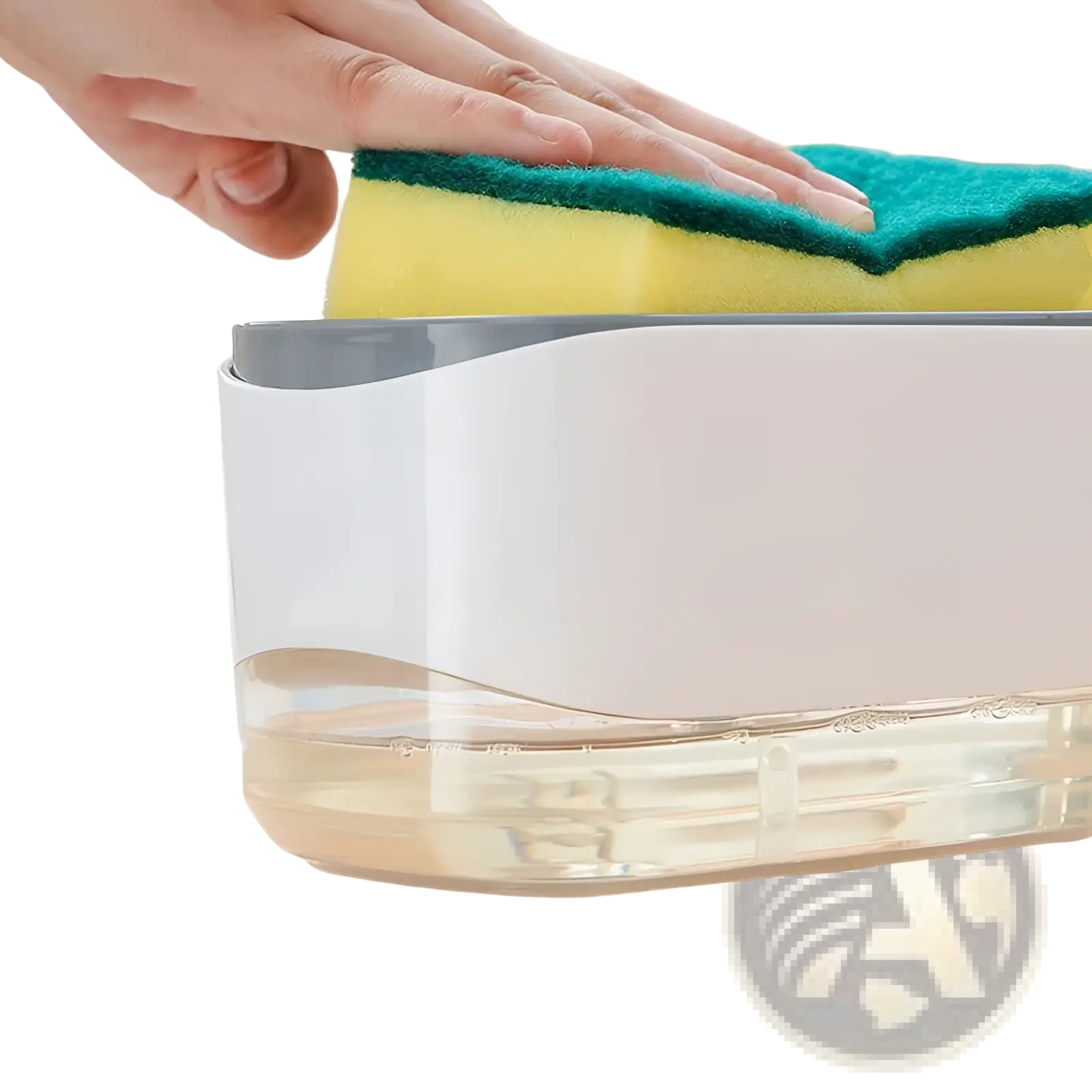 White and gray plastic dish soap dispenser with sponge holder and clear base for 350ml liquid soap storage