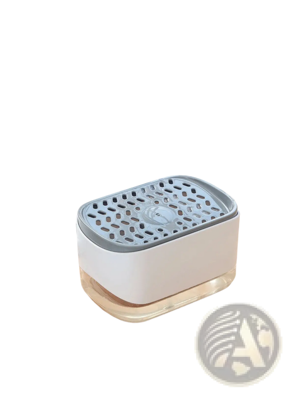 White and gray plastic dish soap dispenser with perforated top for draining water and 350ml capacity with sponge holder