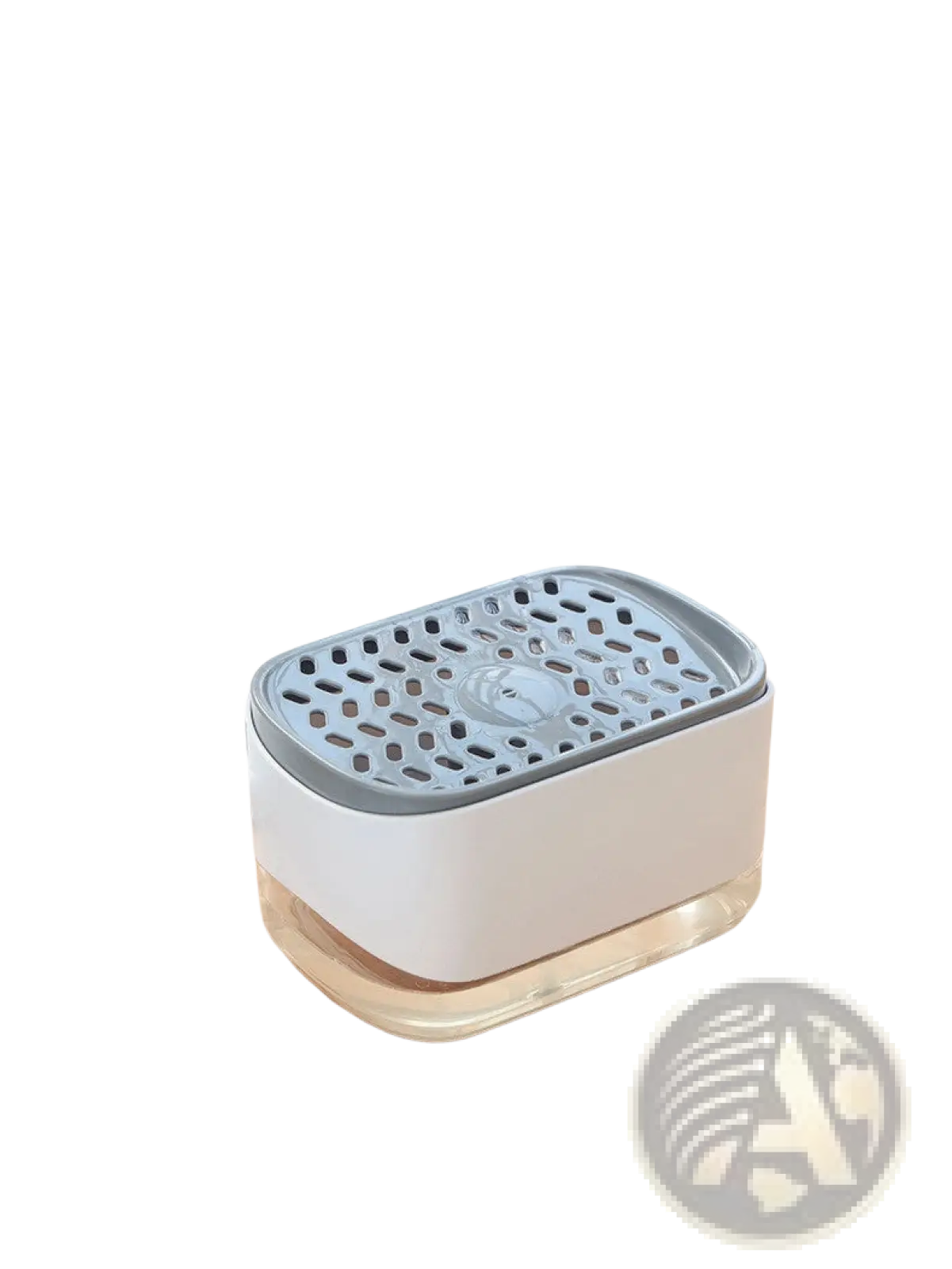 White and gray plastic dish soap dispenser with perforated top for draining water and 350ml capacity with sponge holder