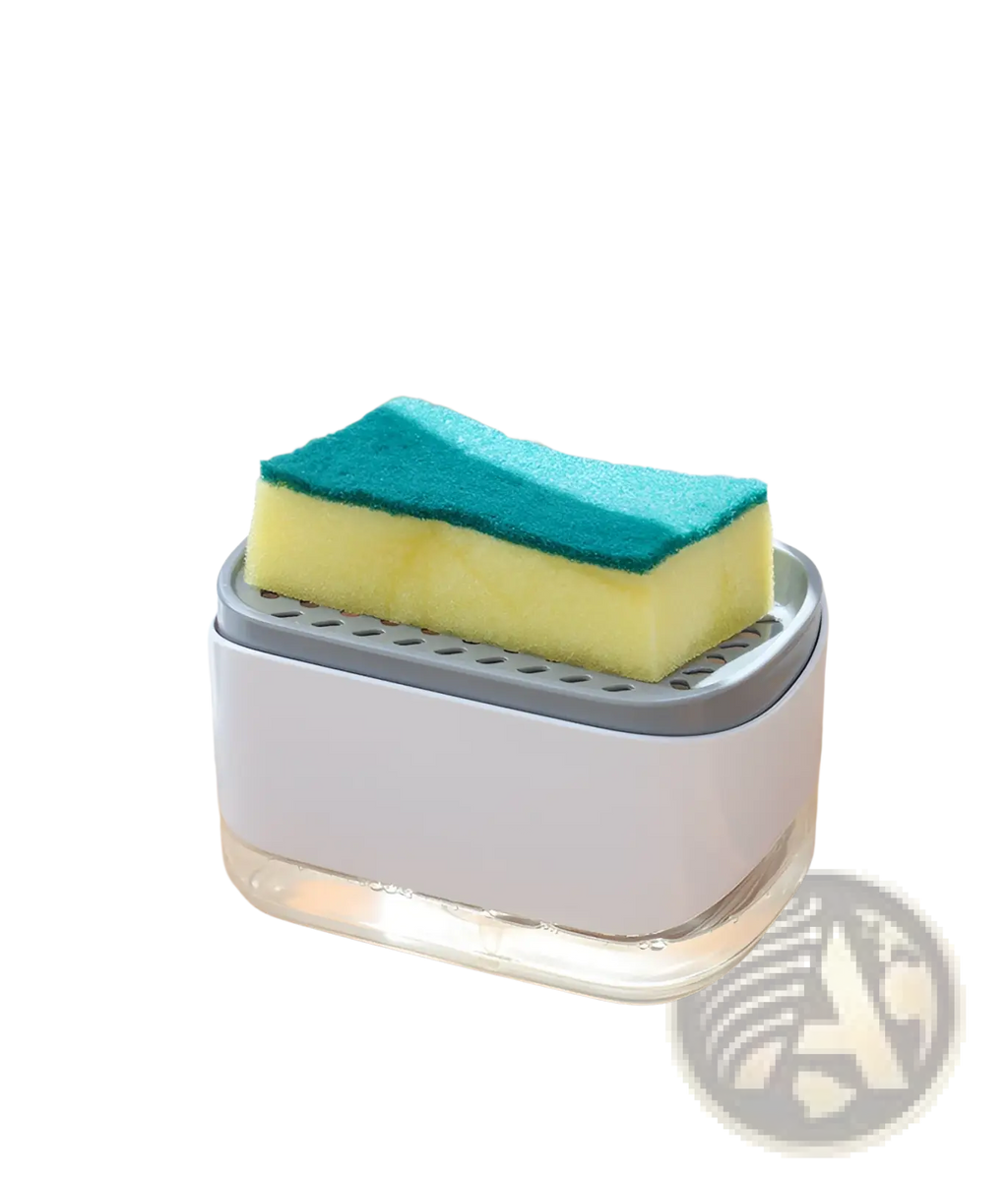 White and gray plastic dish soap dispenser with sponge holder containing a two toned green and yellow scrubbing sponge