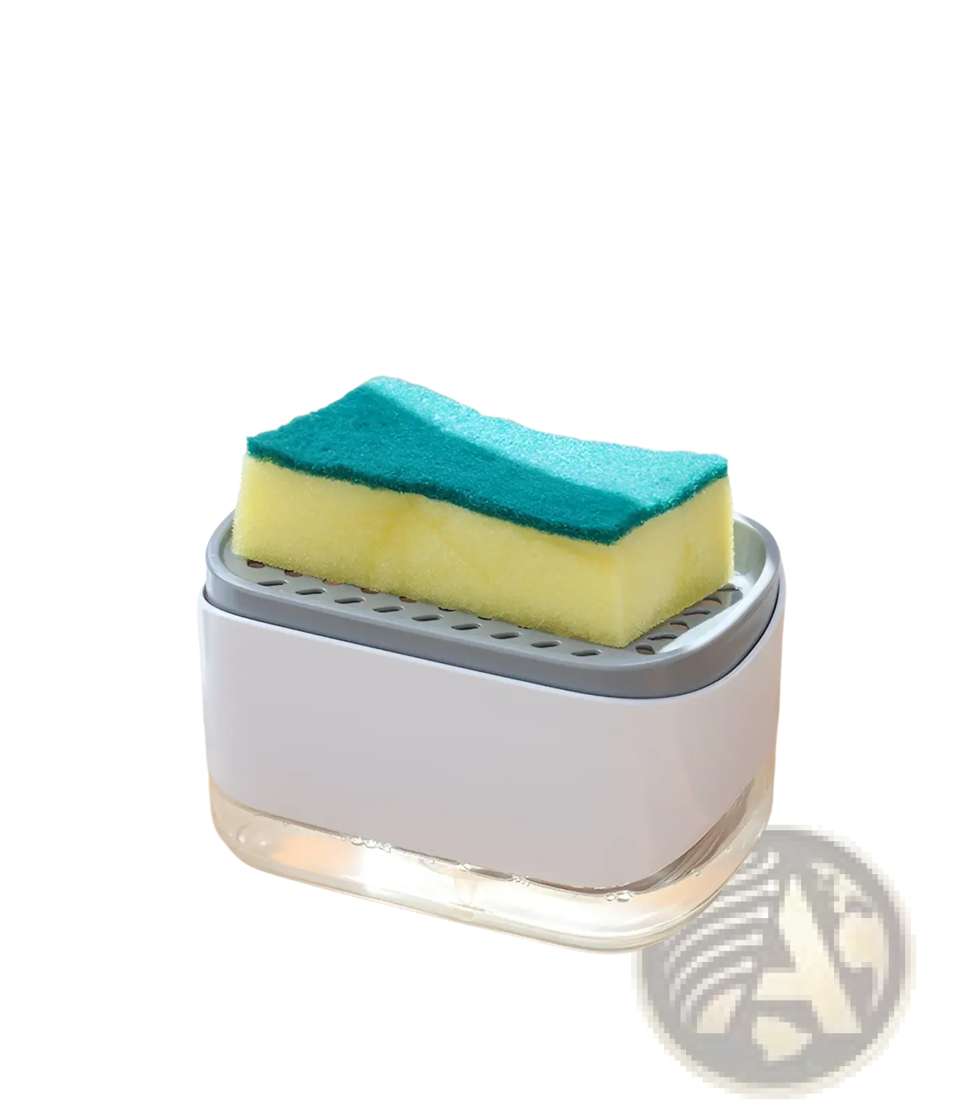 White and gray plastic dish soap dispenser with sponge holder containing a two toned green and yellow scrubbing sponge