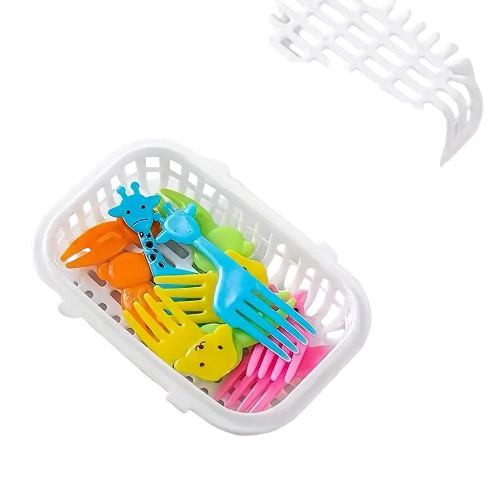 Colorful plastic animal-shaped forks stored in a white mesh dishwasher basket small item organizer