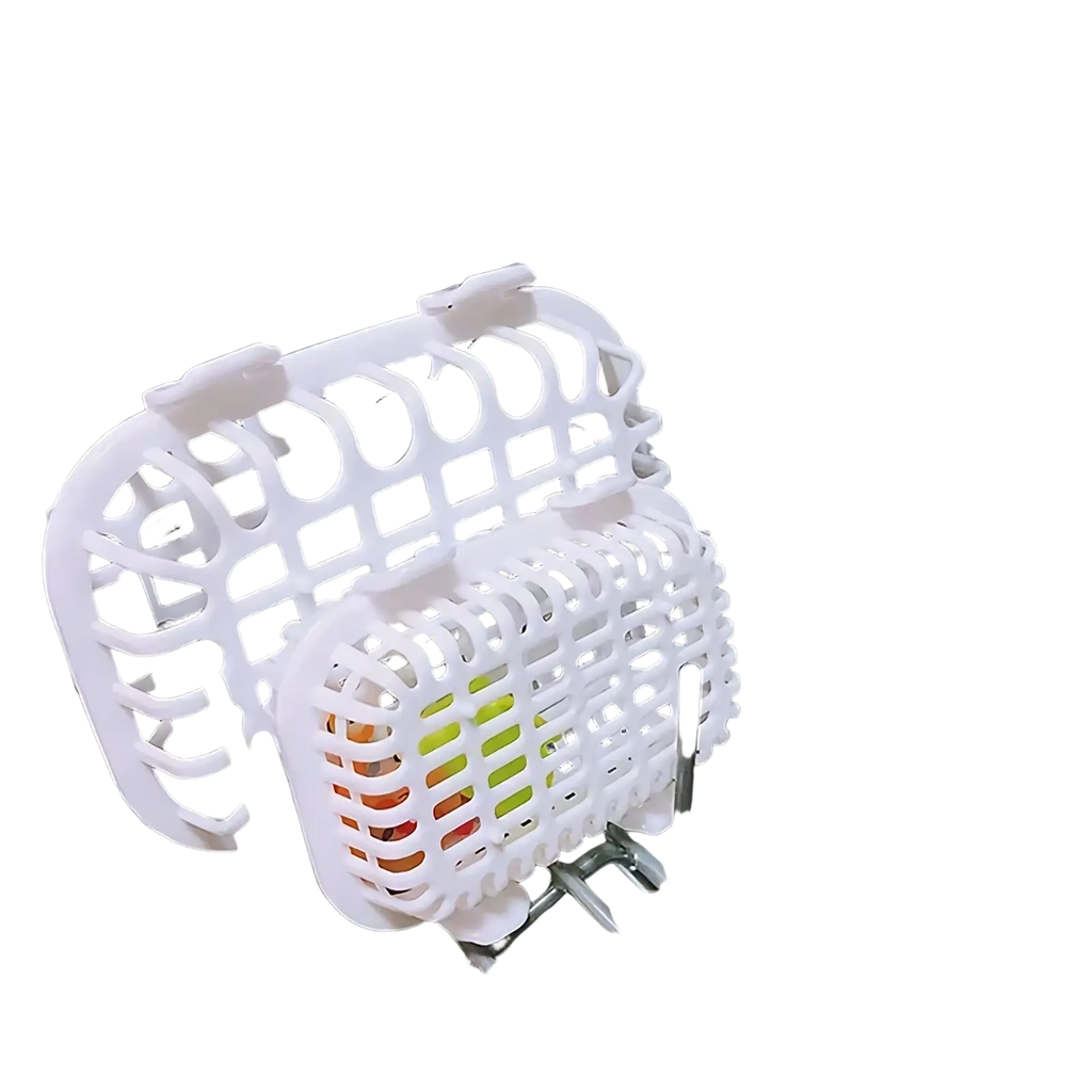 White plastic dishwasher basket with grid design holding colorful utensils for small item organization