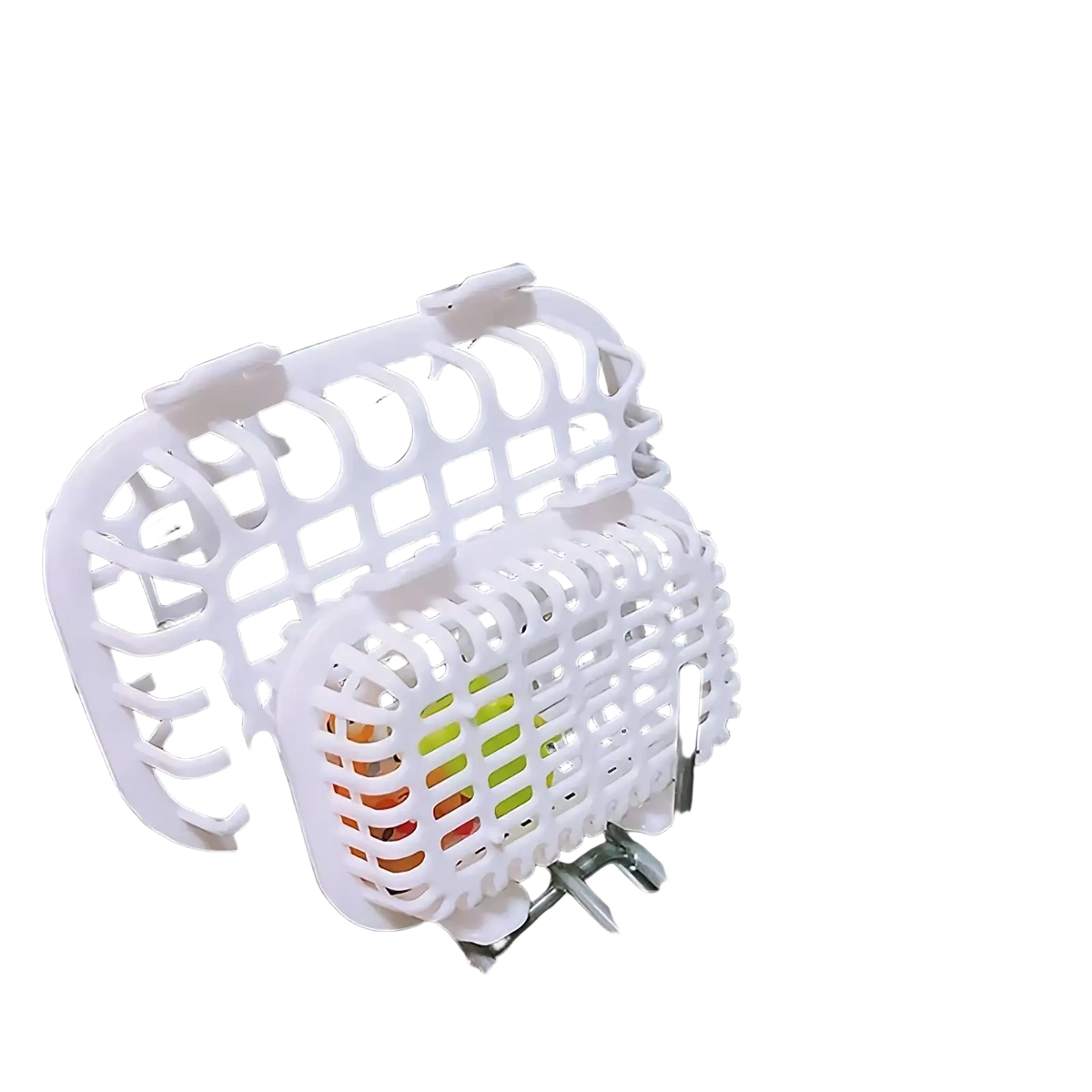 White plastic dishwasher basket with grid design holding colorful utensils for small item organization