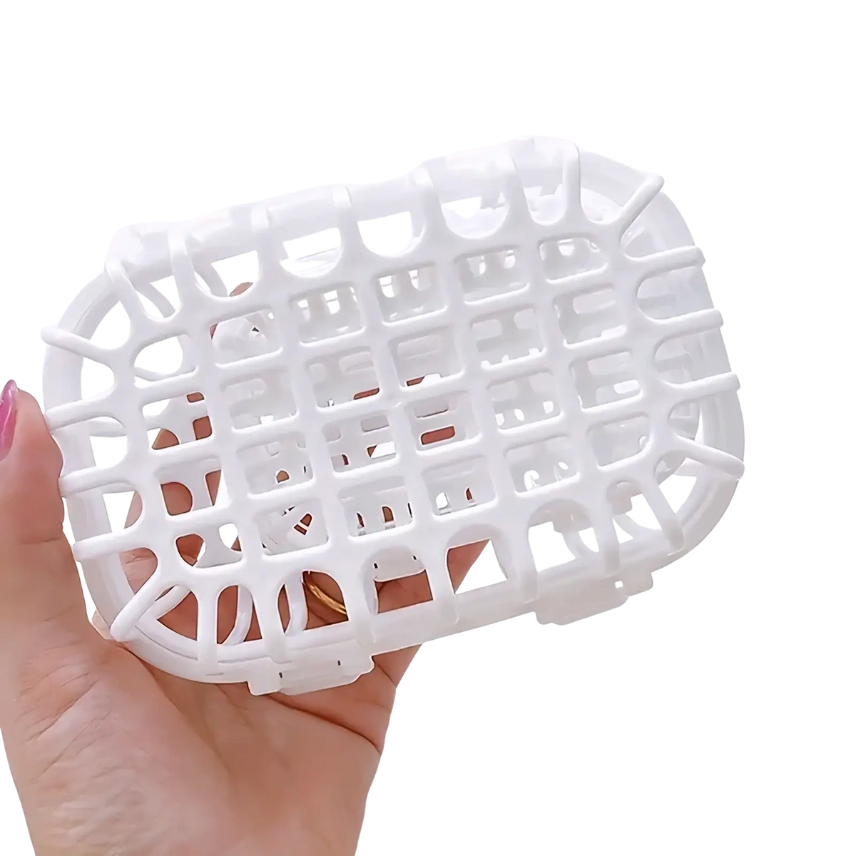 White plastic dishwasher basket small item organizer with grid-like openwork design for drying and storage