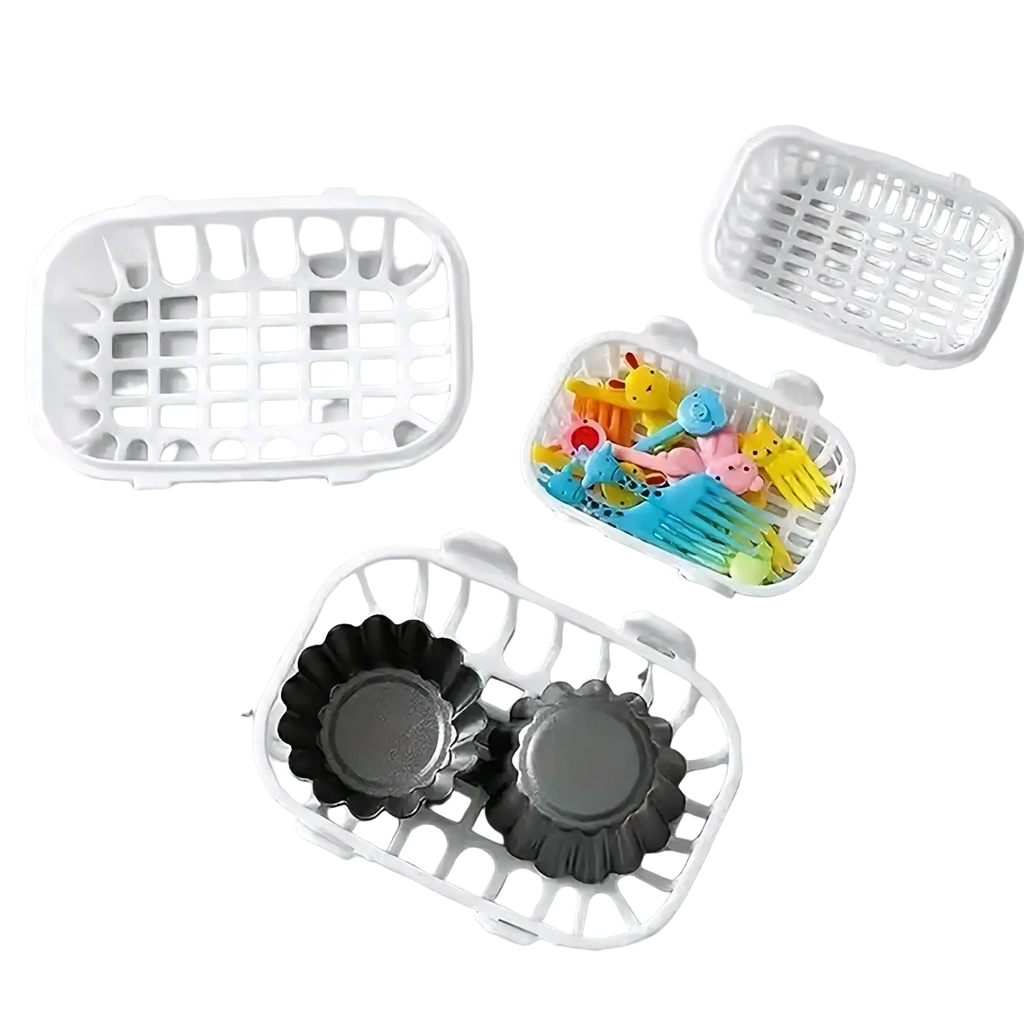 White plastic dishwasher basket small item organizer with grid lids and handles holding colorful toys and baking molds